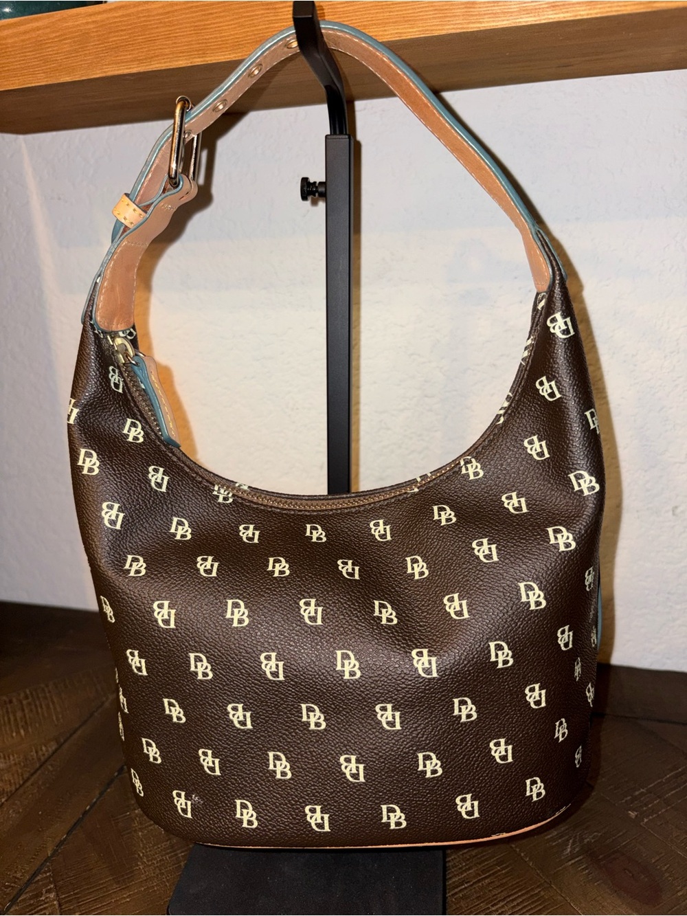 NWOT Dooney & Bourke DB Monogram Zip Hobo Brown Coated Canvas Adjustable Leather